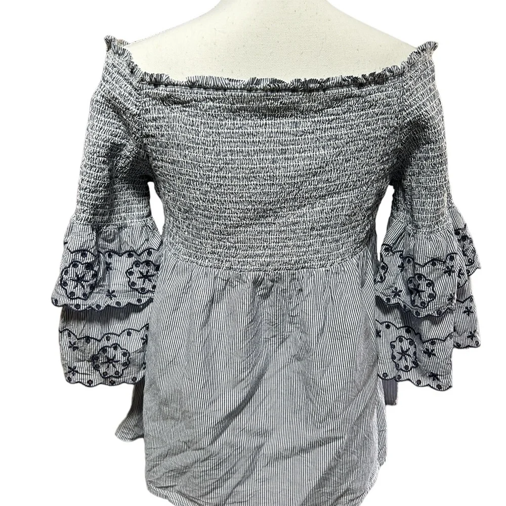 BeachLunchLounge, large, blue embroidered off the shoulder top. Cotton. - Picture 2 of 10
